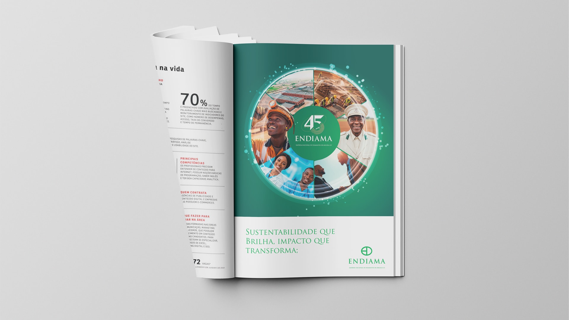 Campanha dos 45 anos da Endiama em spread editorial