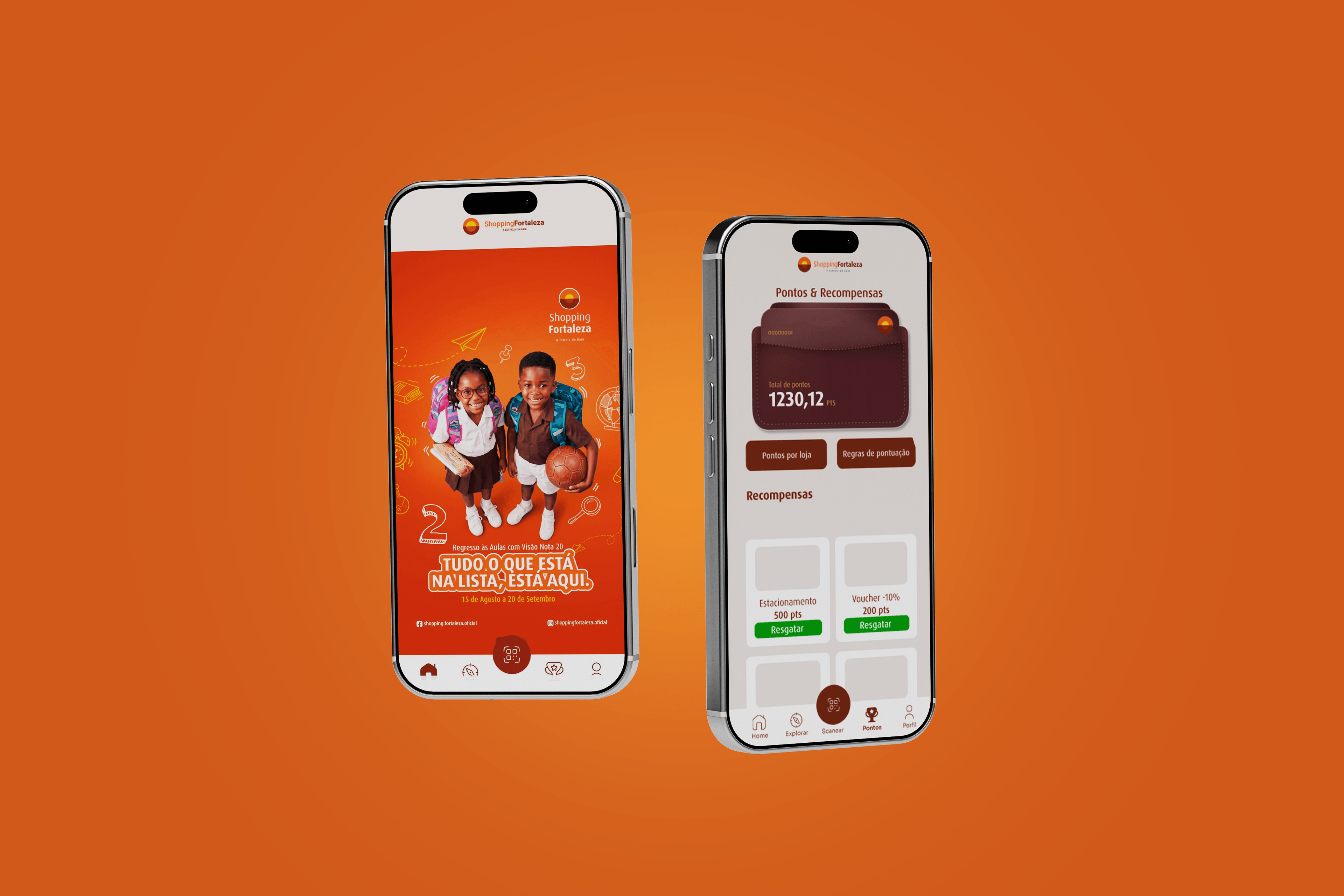 Ecrãs da app Shopping Fortaleza, programa de pontos e recompensas
