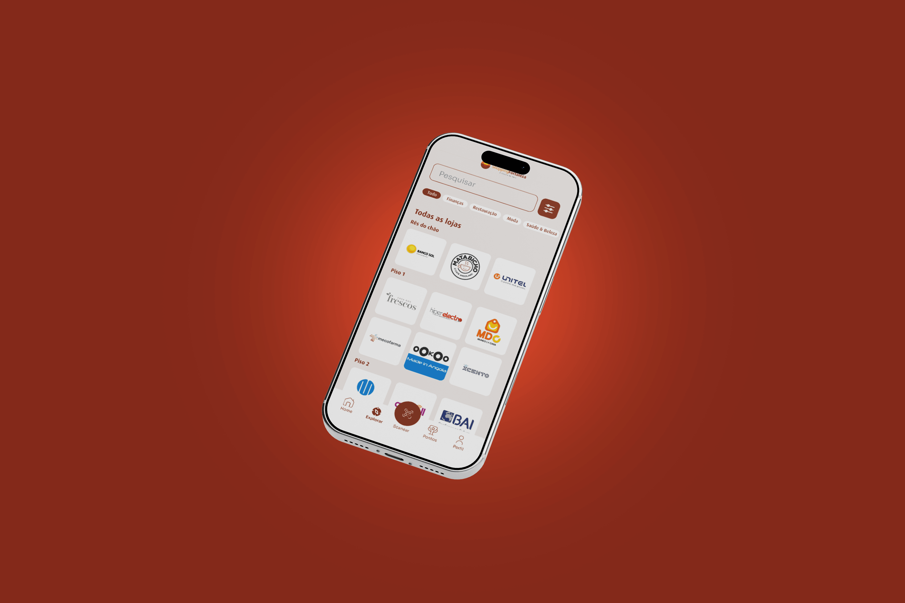 Ecrã de directório de lojas da app Shopping Fortaleza, organizado por piso e categoria